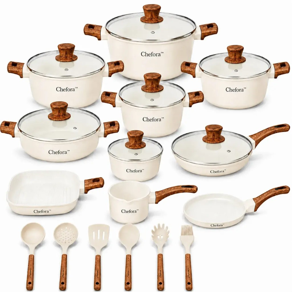 Vollständiges Chefora cream stone Set mit Holzgriffen