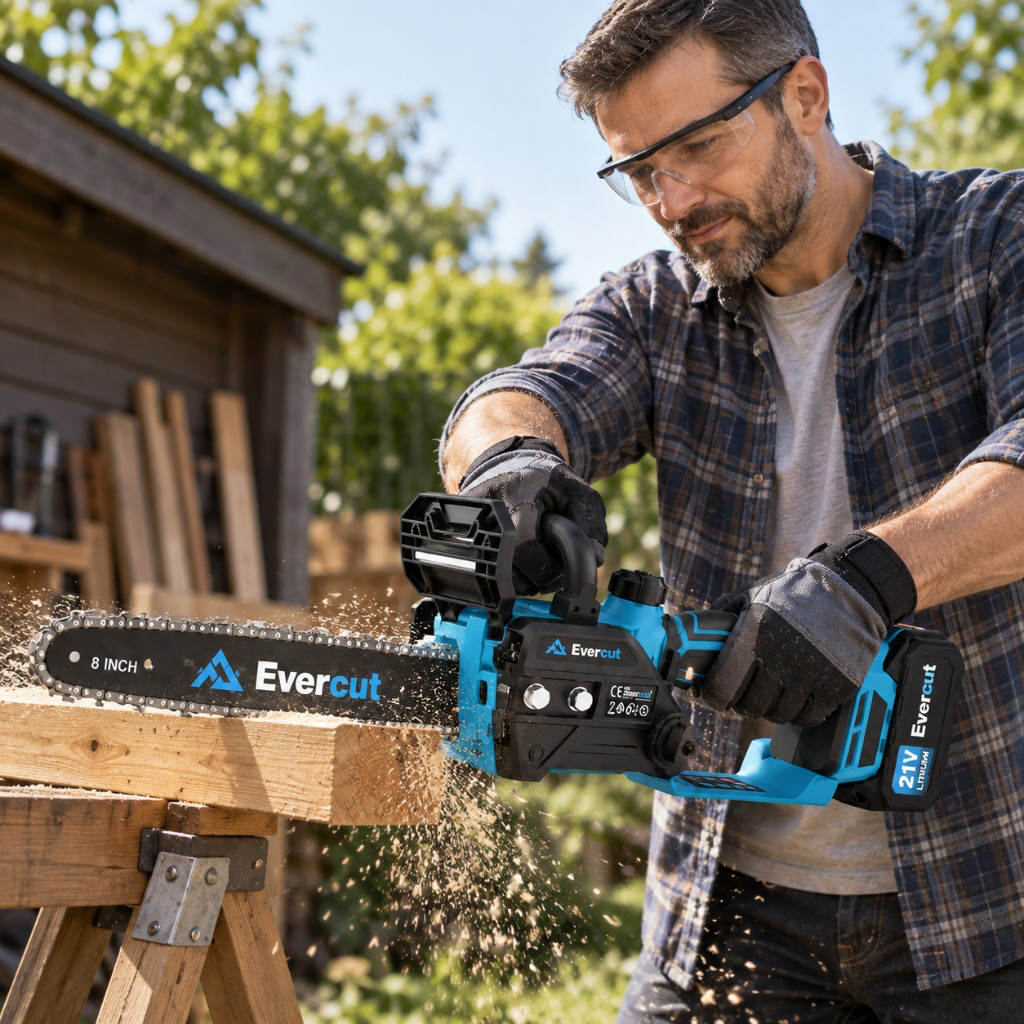 Evercut™ brushless electric chainsaw cutting thick wood