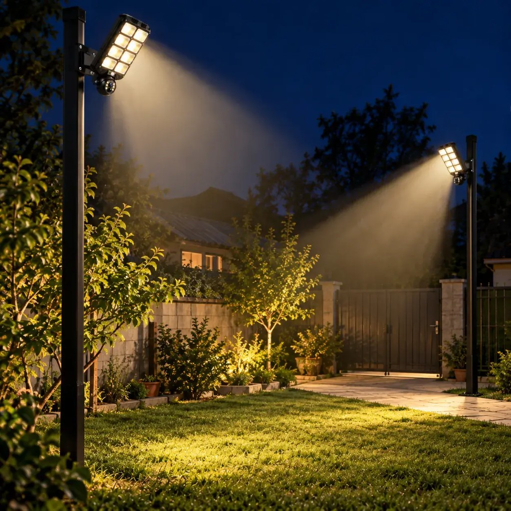 Due luci solari GuardBeam illuminano un giardino di notte
