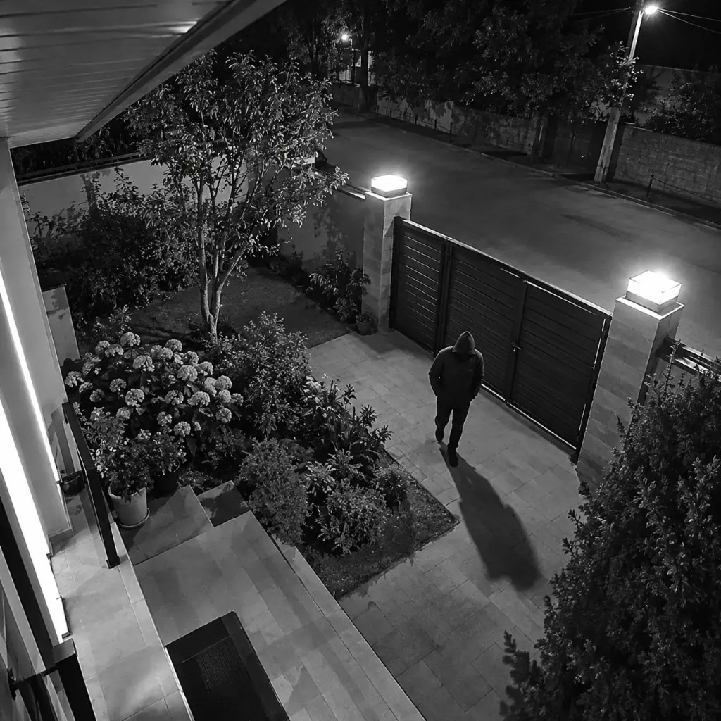 Visione notturna GuardBeam che rileva un visitatore al cancello illuminato del giardino