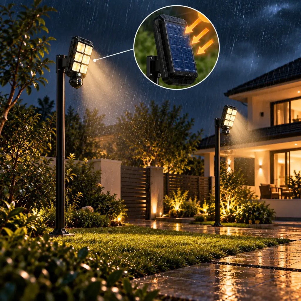 Due unità GuardBeam illuminano un giardino sotto la pioggia di notte con inset del pannello solare