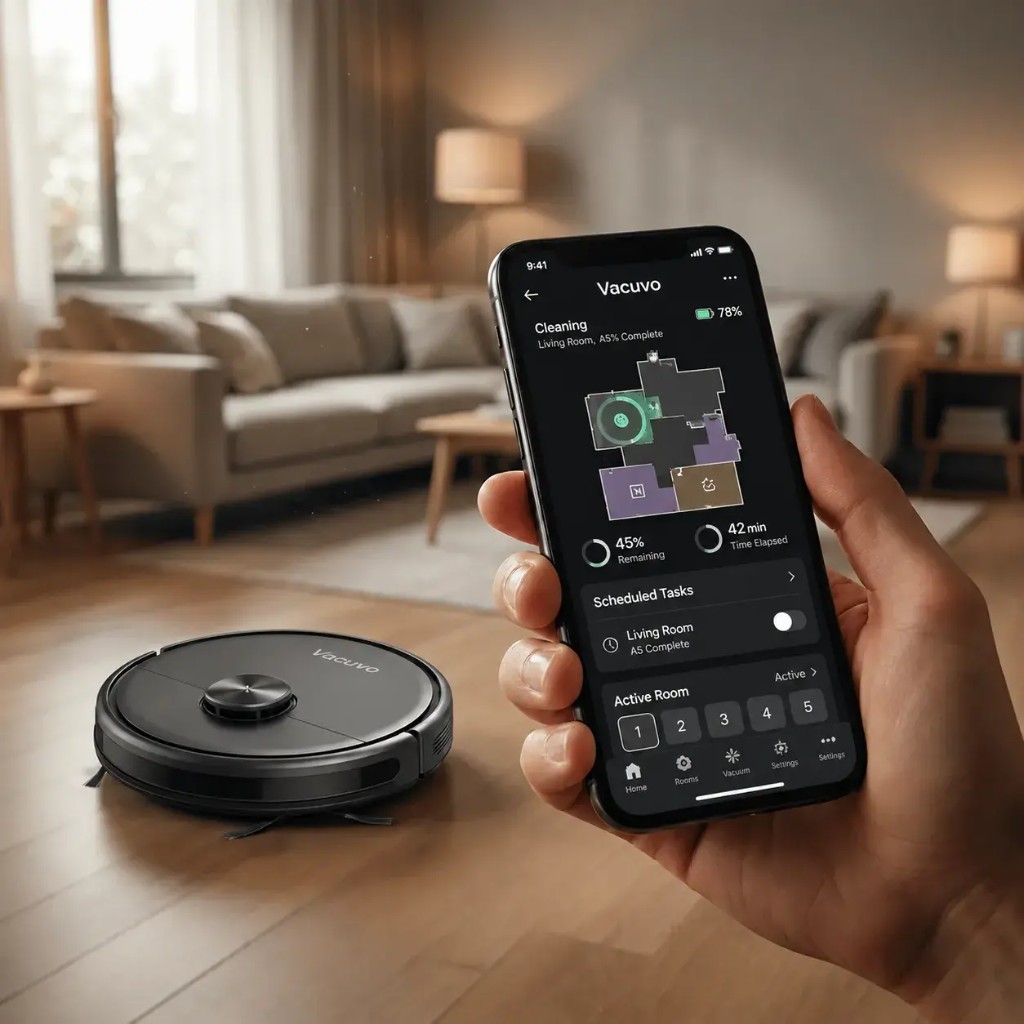 Donna che controlla Vacuvo dall'app con mappa intelligente della casa