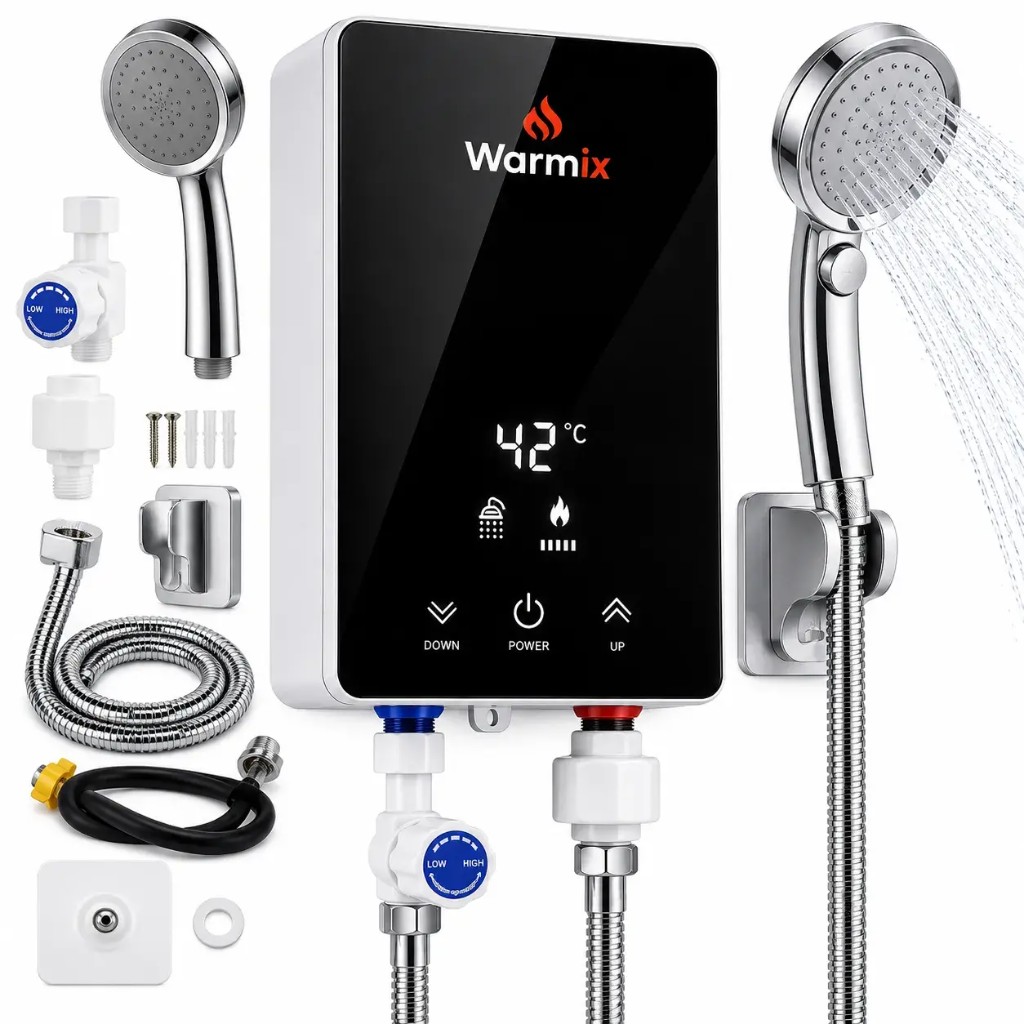 Kit completo Warmix con scaldabagno istantaneo, doccetta e accessori di montaggio