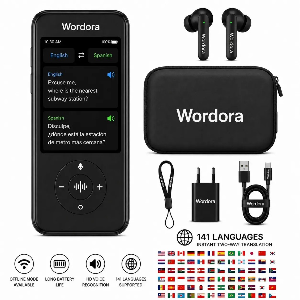 Kit completo Wordora traductor IA con auriculares, estuche, cargador y accesorios