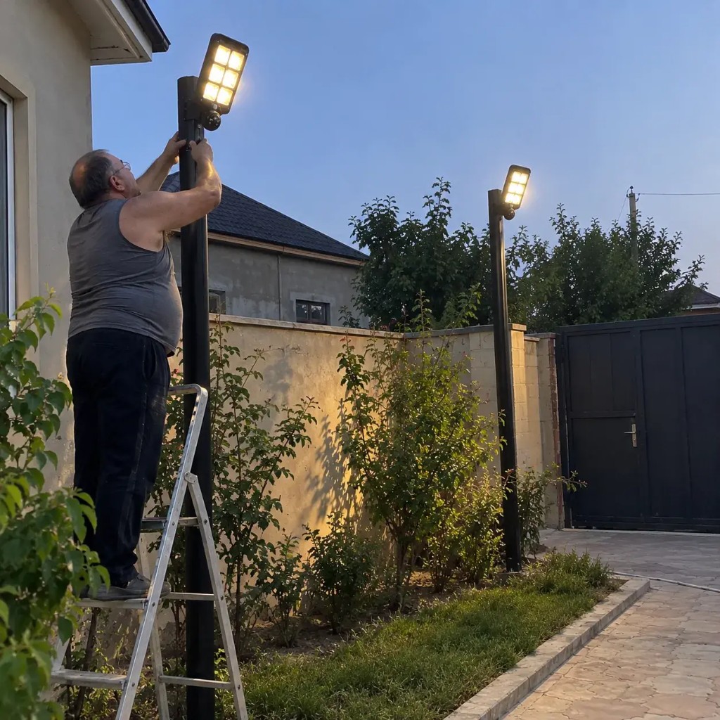 Uomo che installa una luce solare GuardBeam su un palo in giardino