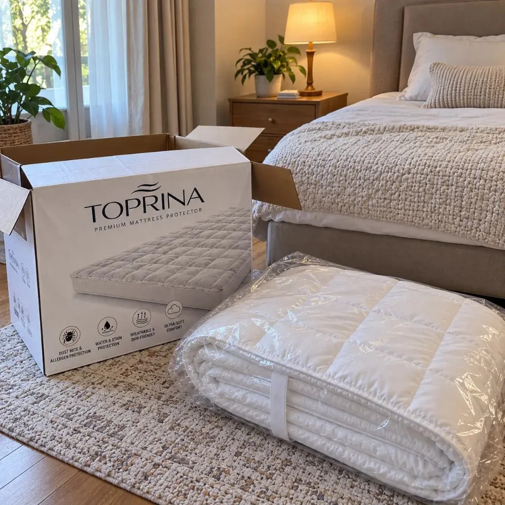 Scatola Toprina e topper sottovuoto accanto al letto dopo la consegna