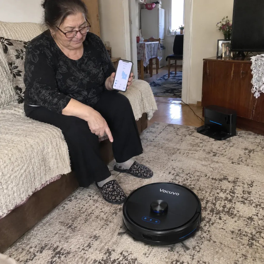 Cliente Vacuvo che controlla il robot aspirapolvere dall'app a casa