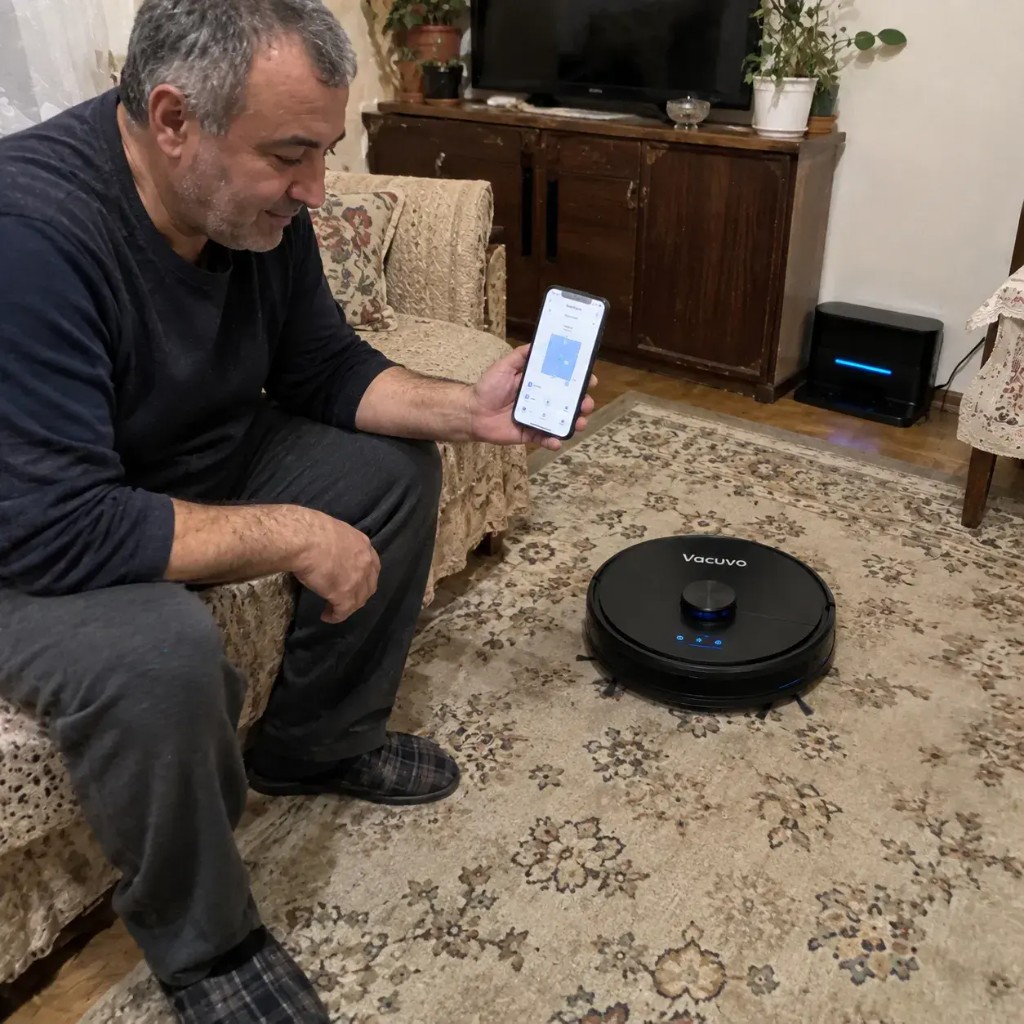 Cliente Vacuvo che controlla il robot aspirapolvere dall'app a casa