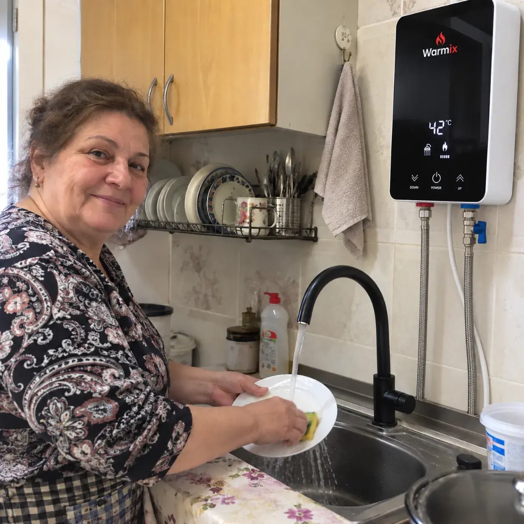 Cliente Warmix che usa acqua calda istantanea mentre lava i piatti in cucina