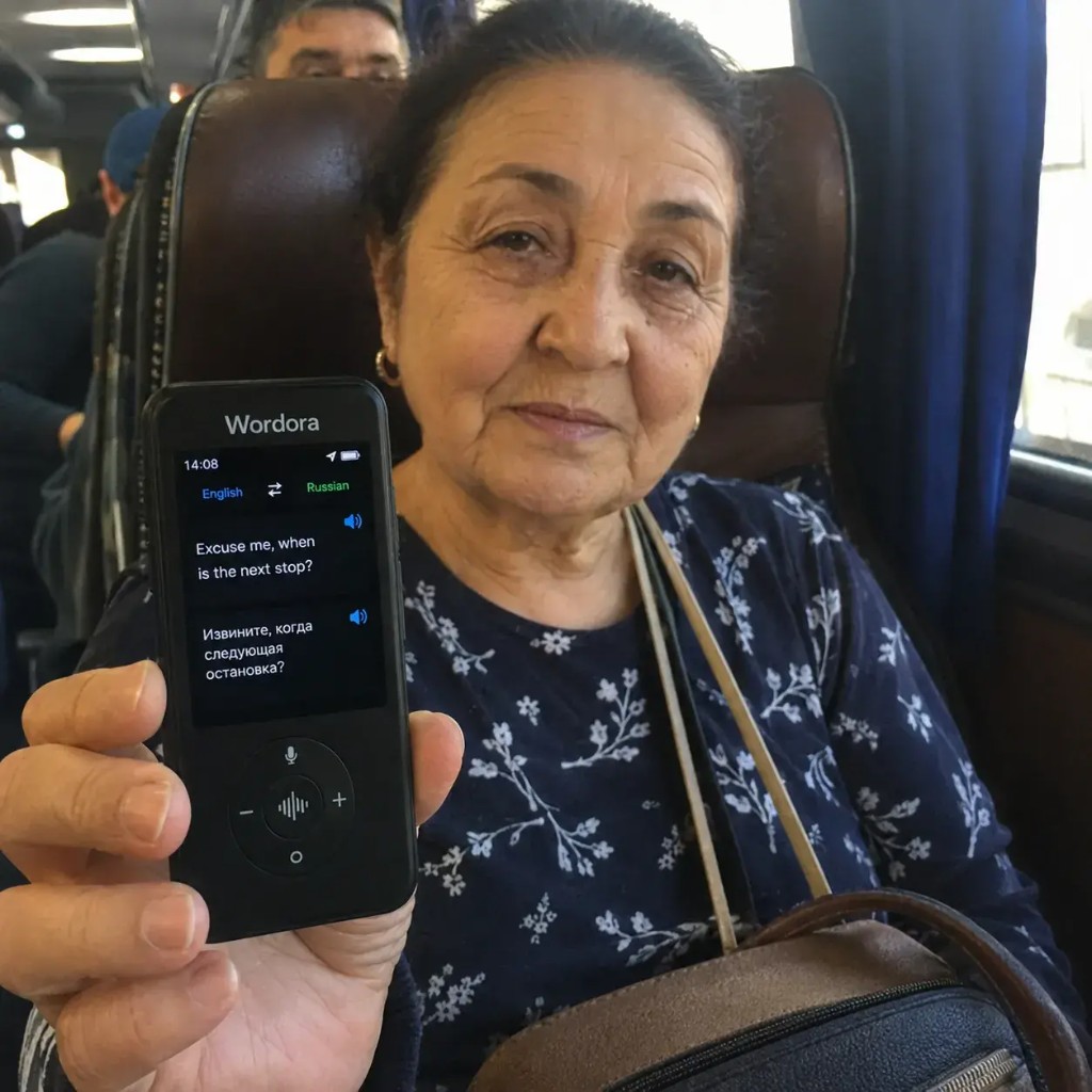 Opinión Wordora — Ana S. usando el traductor en un autobús