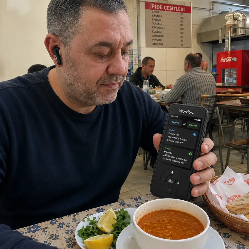 Opinión Wordora — Laura W. con auriculares en restaurante en el extranjero